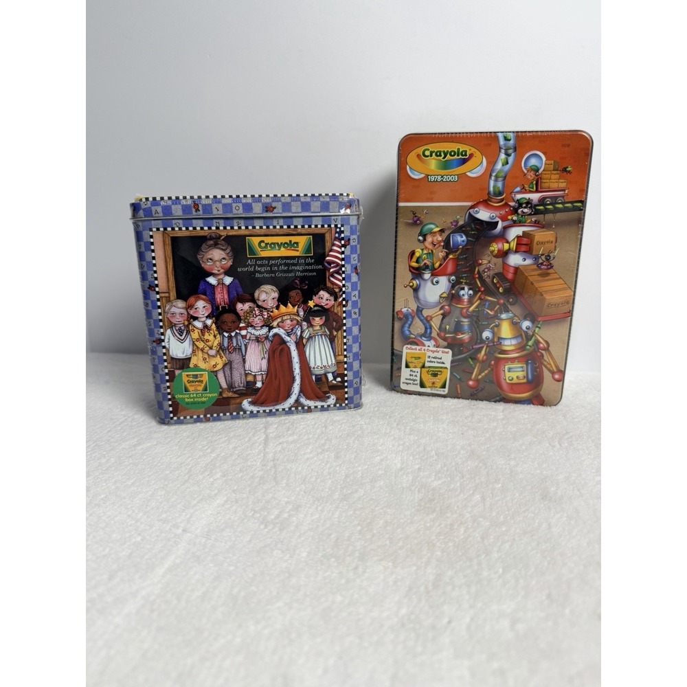 Vintage Crayola Collectible Tin Lot 2003 Mary Engelbreit & Factory Robots
